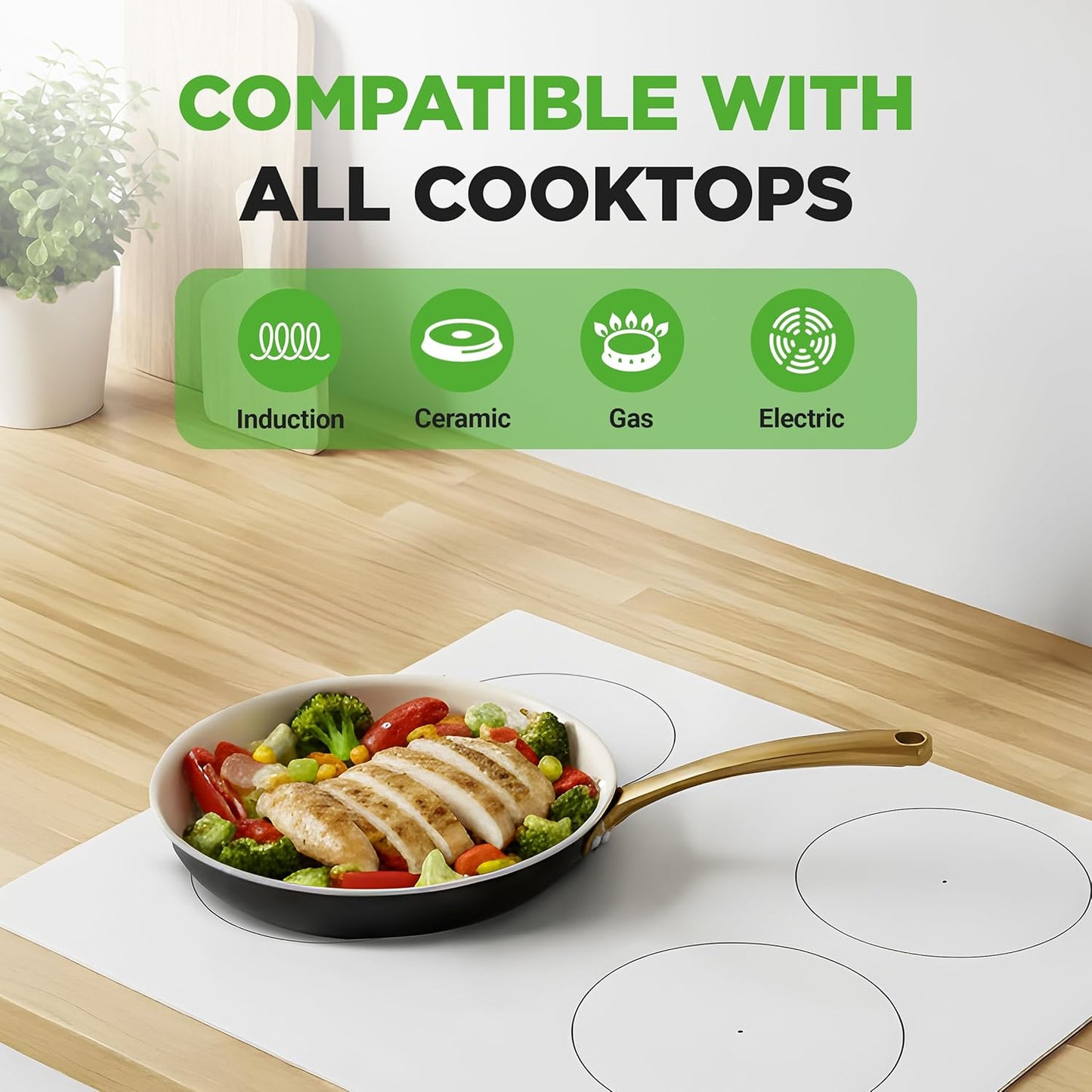 NutriChef 10-Inch Professional Ceramic Frying Pan - Medium Skillet with Golden Titanium Handle, Non-Stick Ceramic Coating, Stain-Resistant, Easy to Clean, Ideal for Home Cooking