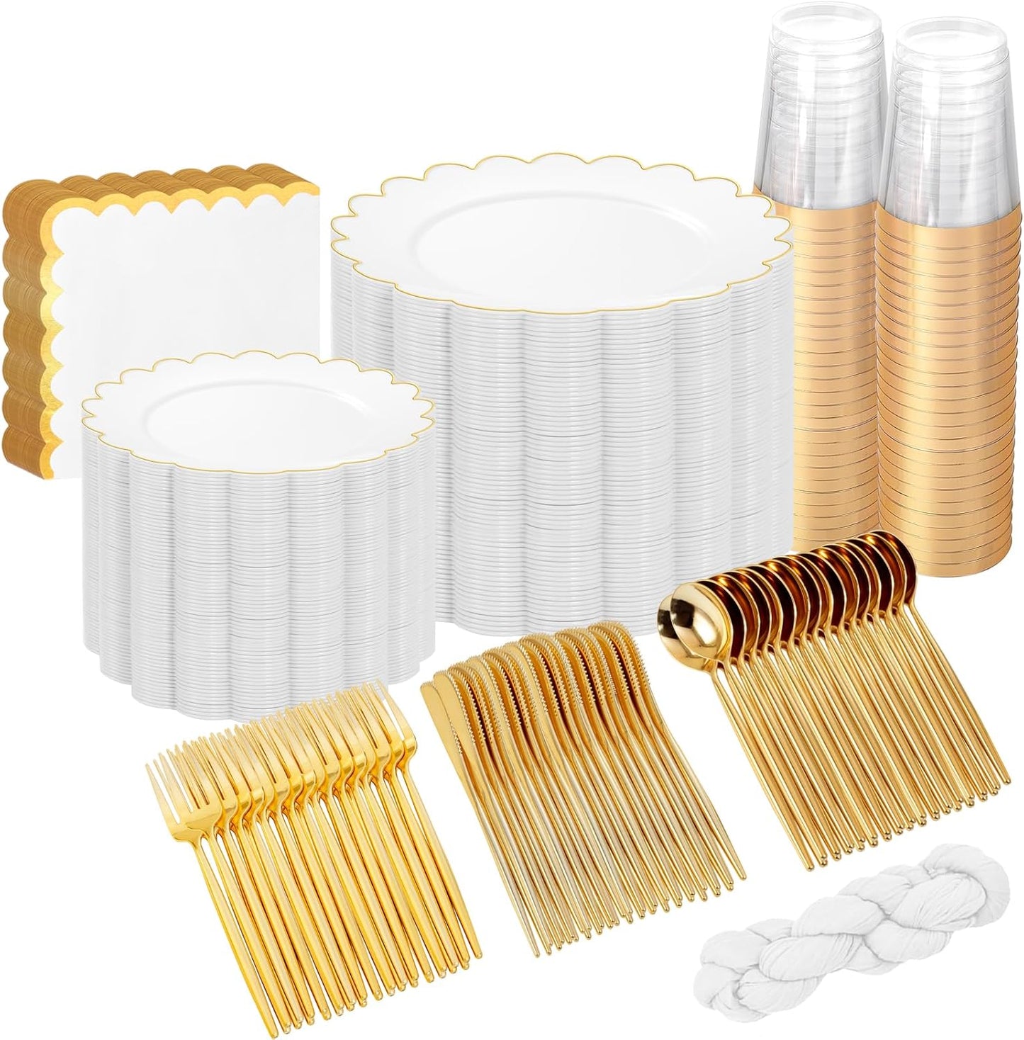 WONDERFUL 351pcs Upgrade White Plastic Plates - Plastic Dinnerware set with Fancy Gold Edges Includes 1 Table Runner 100 Disposable Plates 150 Silverware 50 Cups 50 Napkins for Wedding High End Party