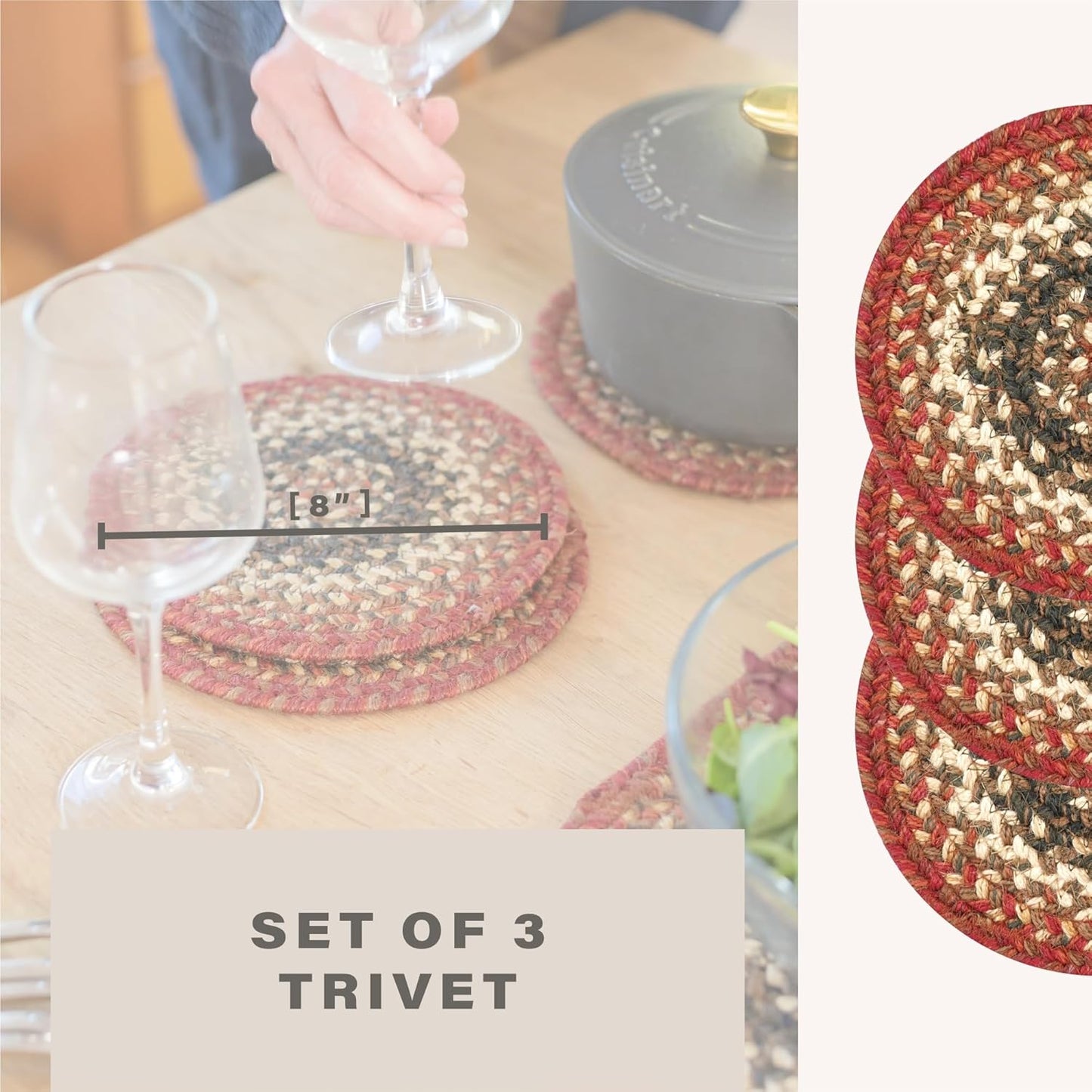 Homespice Chester Jute Braided Trivets for Table, Warm Lodge and Cabin Decor, Set of 3, Red 8" Round Heat Resistant Mats - Rich Colors, Easy to Clean, Durable and Protects Furniture