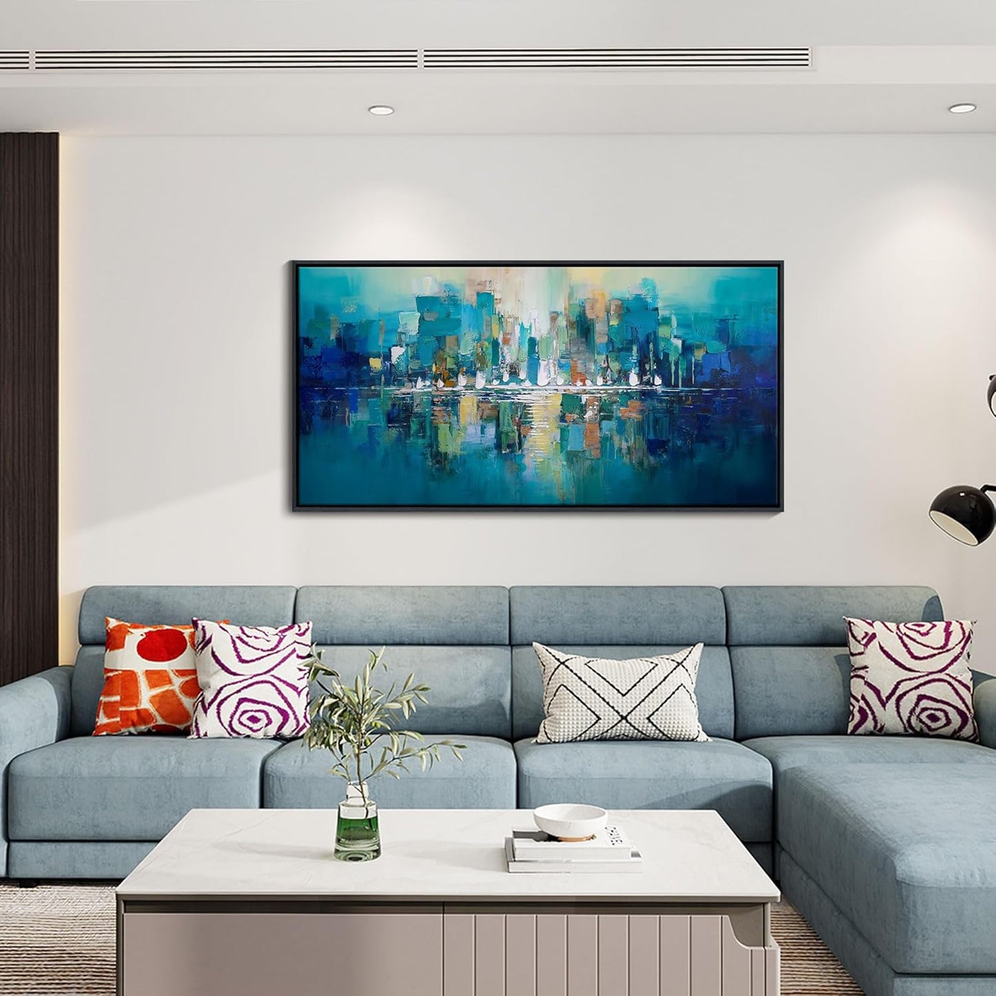 Large Wall Art for Living Room - Abstract Wall Decor Framed Picture Artwork for Wall Decorative Paintings Teal and White Modern Office Bedroom Art