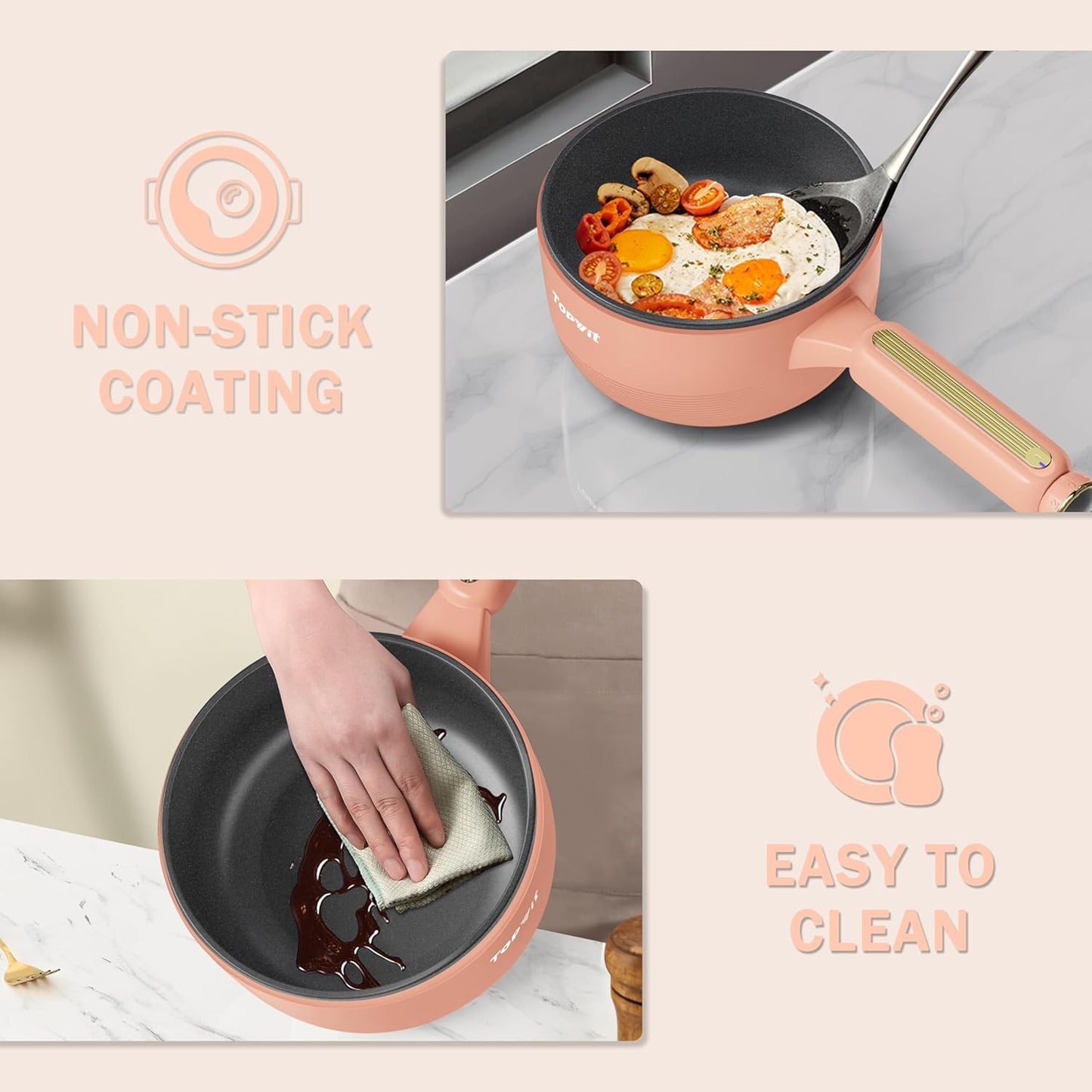 TOPWIT Hot Pot Electric, 𝟐𝐋 Electric Pot, Portable Non-Stick Portable Cooker, Sauté Pan for Steak, Egg, Fried Rice, Ramen, Soup with Dual Power Control (Silicone Spatula Included), Peach