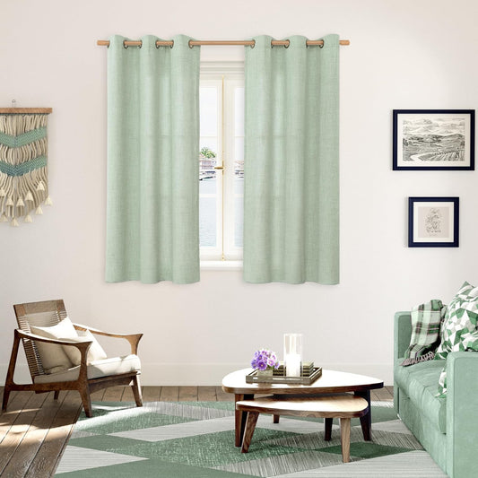 YoungsTex Sage Green Linen Curtains 48 Inch Length for Living Room Window, Short Drapes Light Filtering with Bronze Grommet Privacy for Kitchen Bedroom, 42 x 48 Inch, 2 Panels