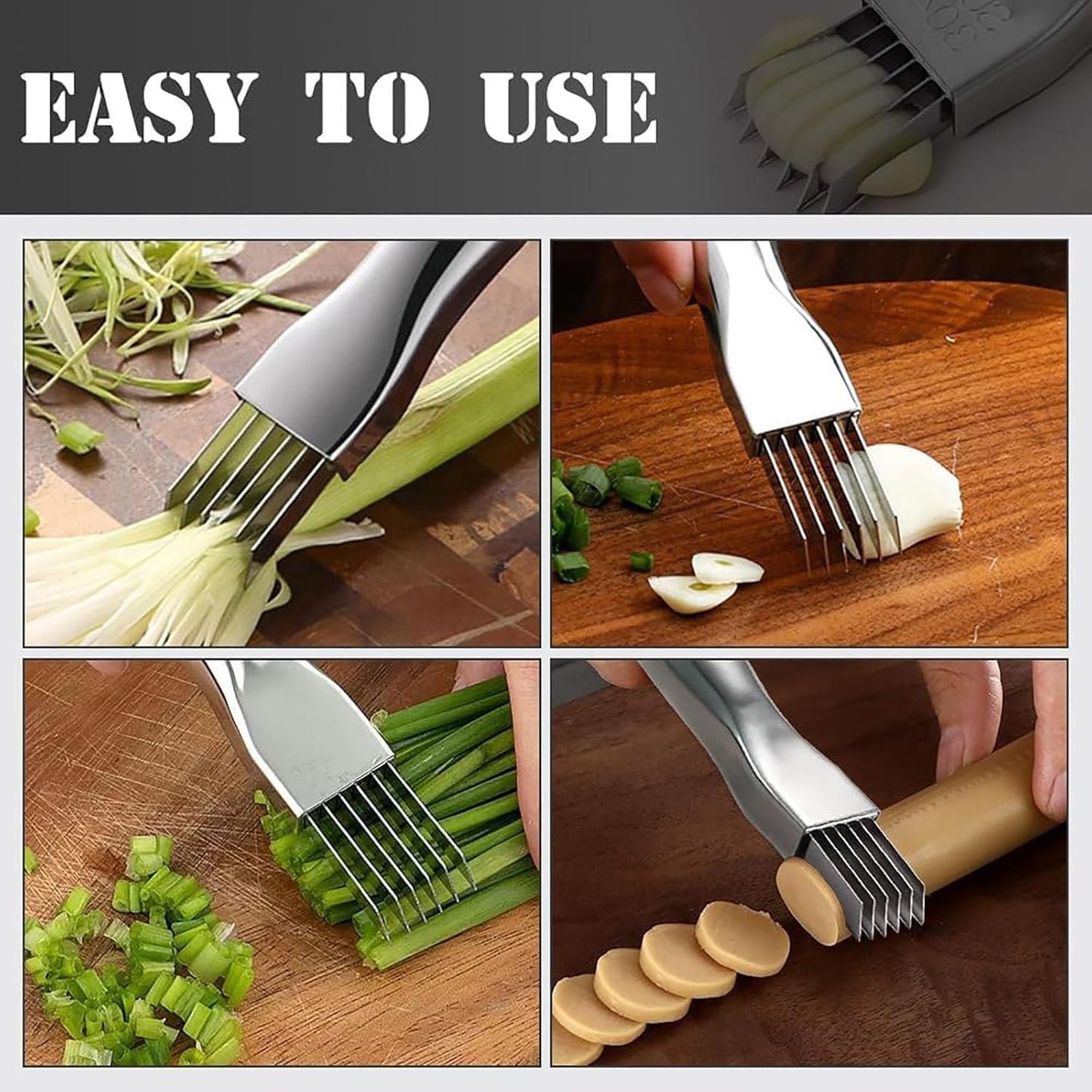 Shred Silk The Knife, 2025 Upgrade Green Onion Cutter Stainless Steel Chopped Kitchen Slicing Tool Cutter for Vegetables Onion Garlic, Multifunctional Kitchen Food Vegetable Cutter (4Pack)