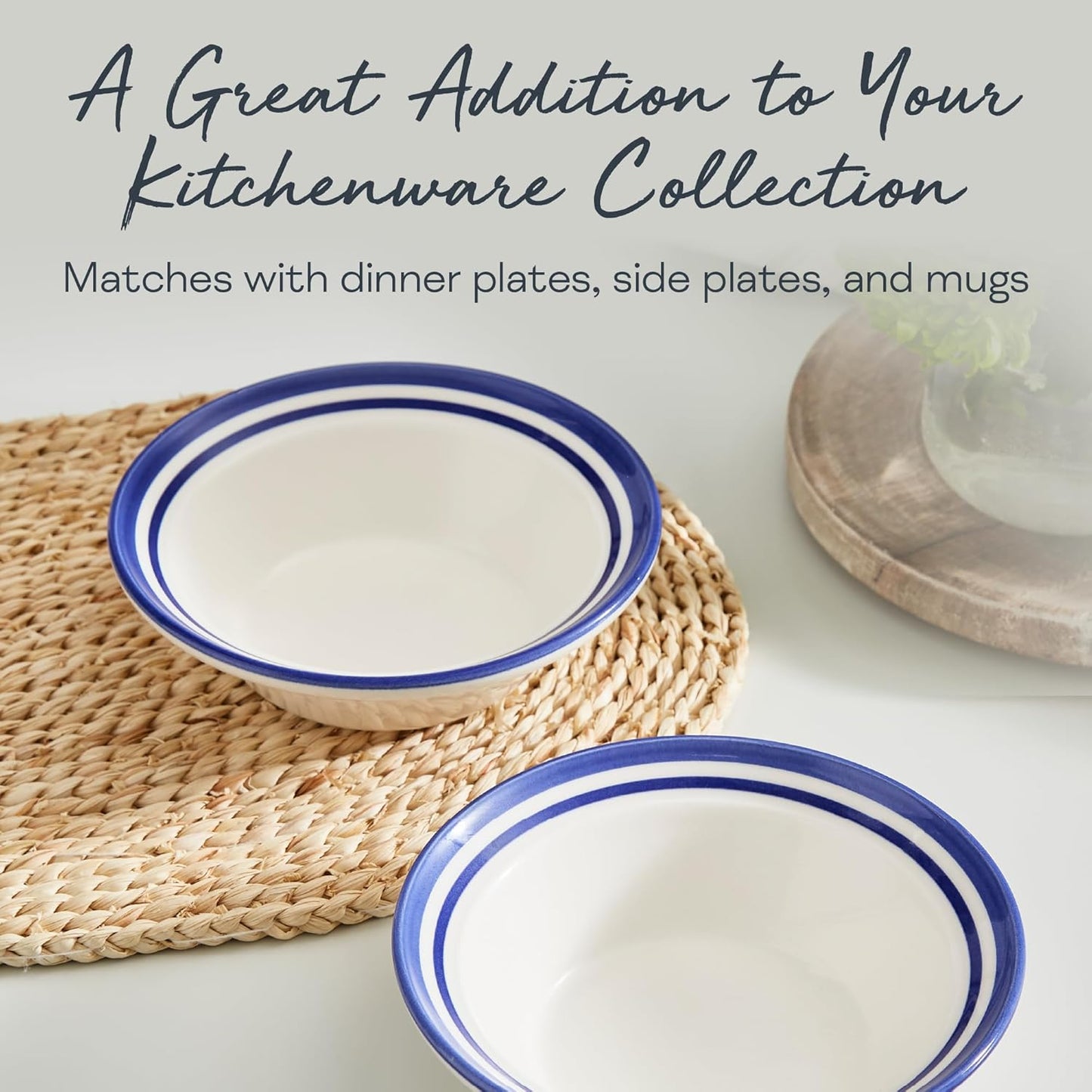 Portmeirion Potter's Stripe Oatmeal Bowl (Set of 4) - Ideal for Porridge, Soup, Desserts - Microwave & Dishwasher Safe Earthenware Bowls, Durable Dishware Collection - Made in UK (Blue Stripe)