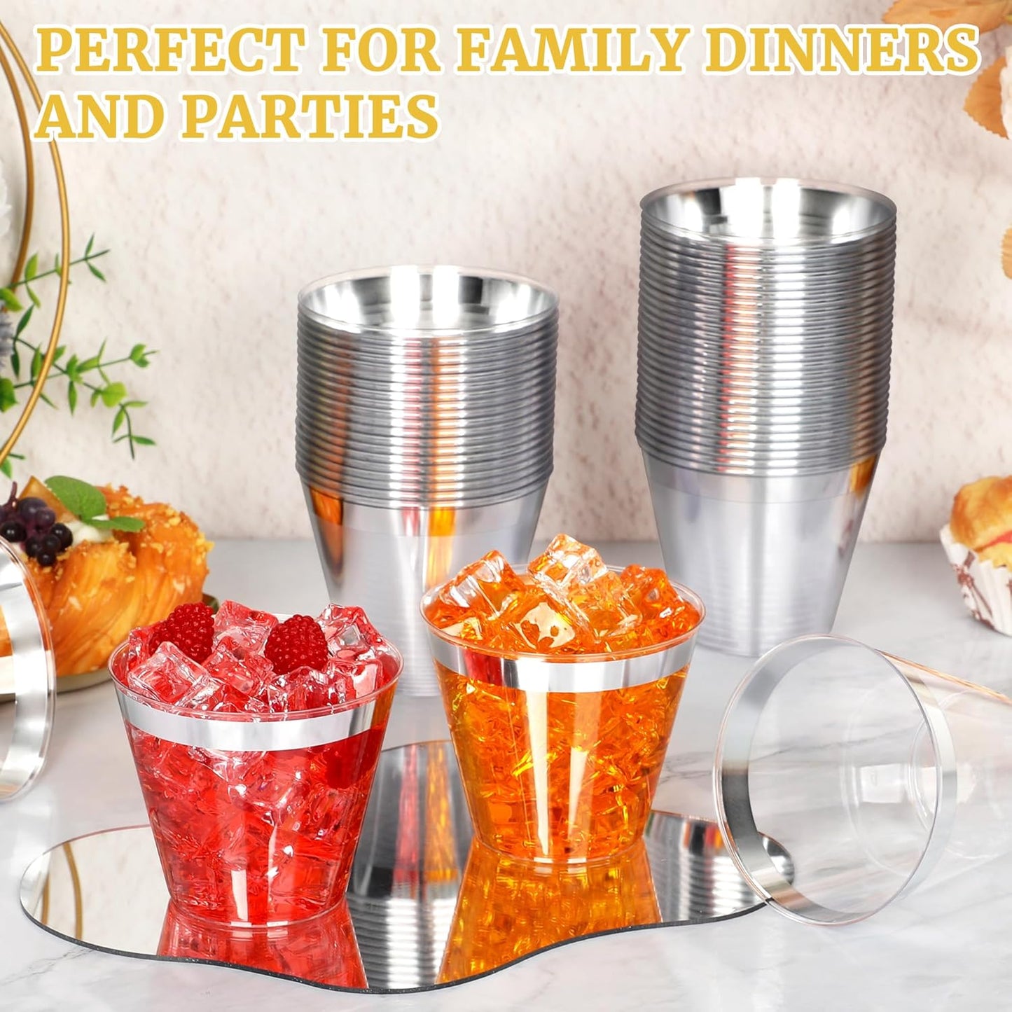 100 Pcs Silver Plastic Cups,9Oz Silver Rimmed Plastic Cups,Heavy Duty Clear Disposable Plasitc Cocktail Tumblers Wine Cup for Party,Wedding,Birthday,Christmas