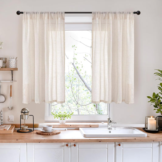 BGment Oatmeal Linen Curtains 40 Inch Length for Short Kitchen Window - Semi Sheer Small Drapes Textured Light Filtering with Rod Pocket for Cafe Bathroom Lightweight, 2 Panels Set, 42 X 40 Inch