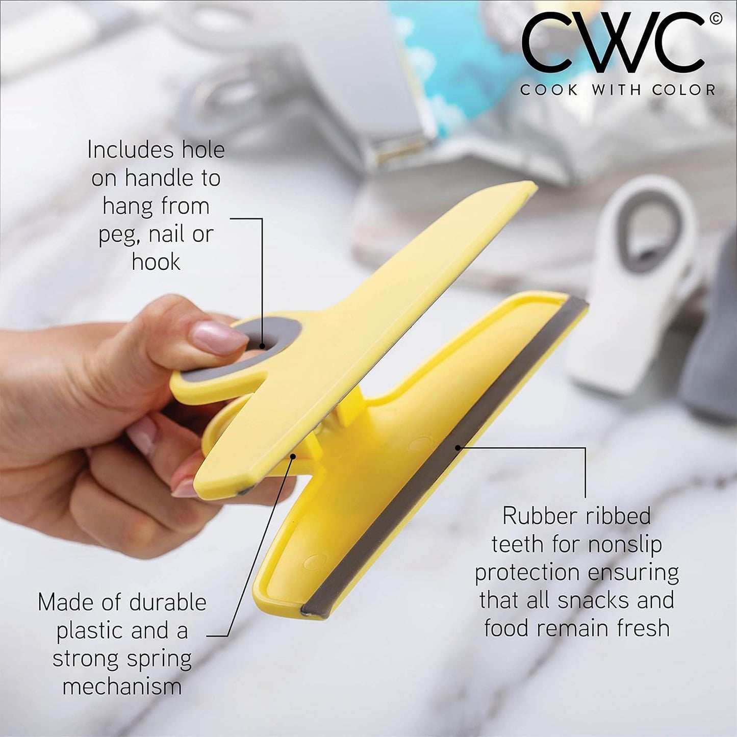 COOK WITH COLOR Bag Clips - Heavy Duty Chip Clip and Refrigerator Magnet Clips for Food Storage with Air Tight Seal Grip, Yellow and Grey, Pack of 4 Large Clips