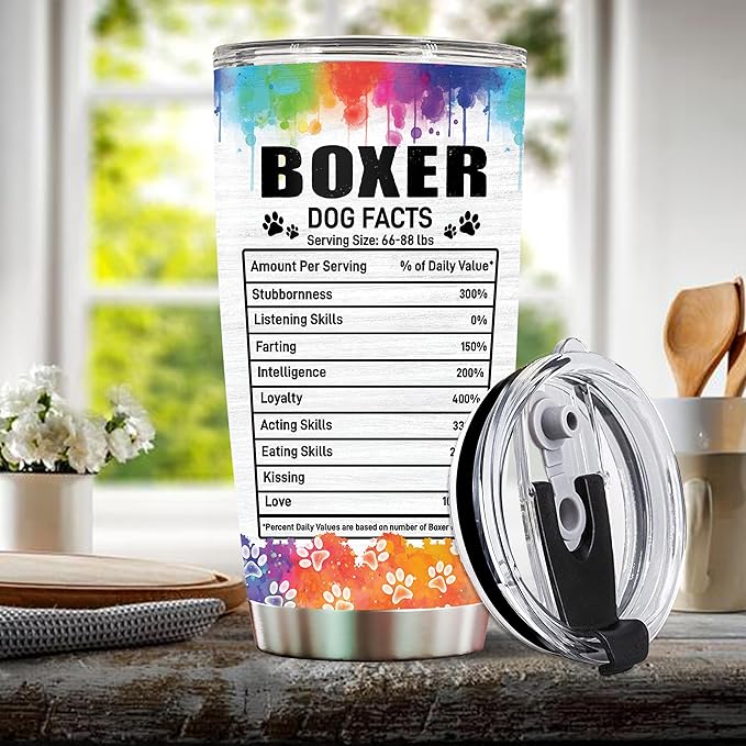 Gifts for Boxer Lovers 20 Oz Stainless Steel Tumbler Travel Coffee Mug Birthday Christmas New Year Thanksgiving Easter Gift Ideas for Dog Lovers Owners Boxers Mom Funny Facts Water Bottle
