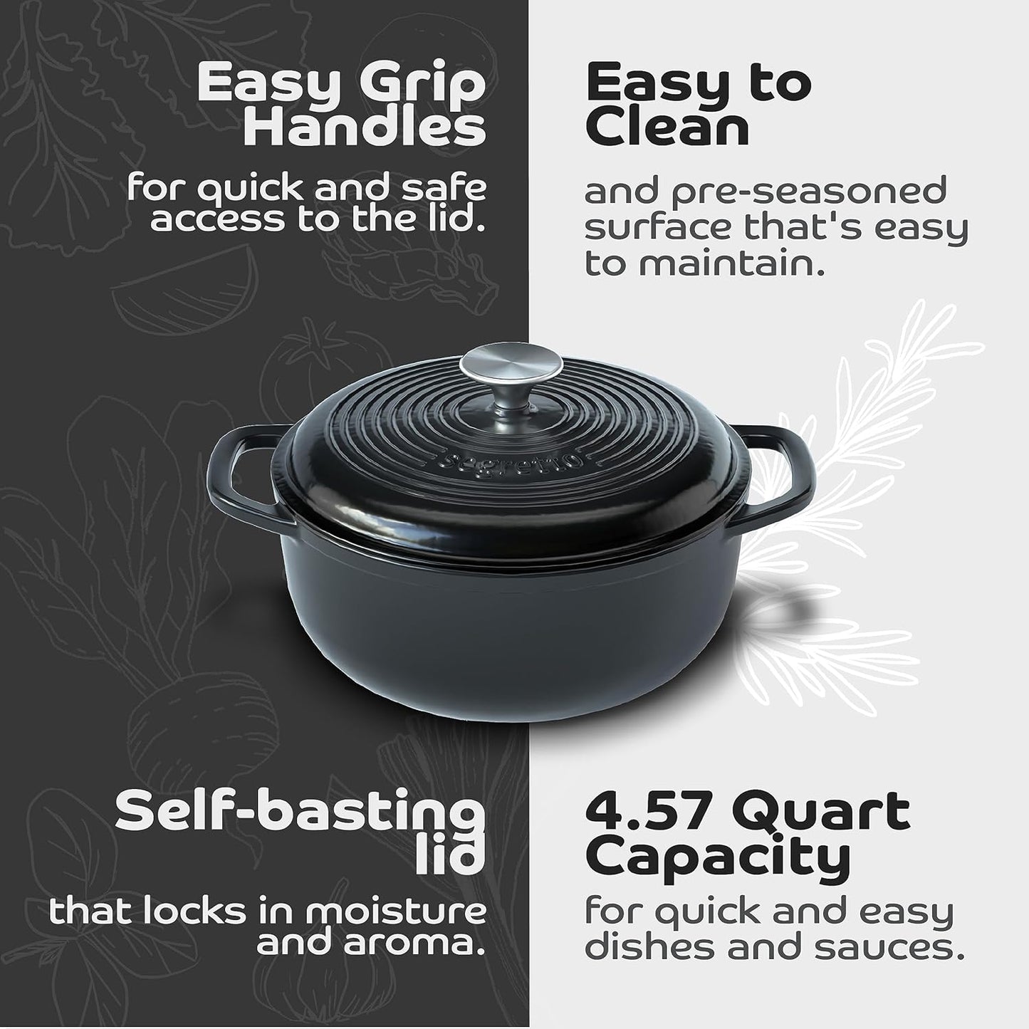 Segretto Cookware Enameled Cast Iron Dutch Oven with Handle, 4.57 Quarts, Nero (Black) 4.57 qt Oven Safe Dutch Oven Pot With Lid Ceramic Enamel Dutch Oven Cast Iron Pot Cookware for Bread Baking, Soup