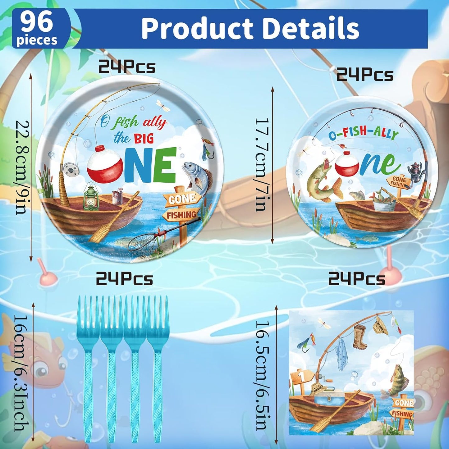 Rakuto Ofishally One Birthday Party Decorations, 96Pcs O Fishally One First Bday Paper Plates and Napkins Tableware Decoration Gone Fishing 1st Forks Decor Fish Themed 1 Years Old Supplies, Serve 24