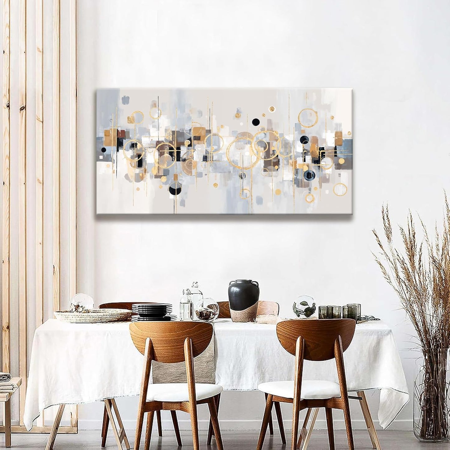 Abstract Gold Circles Grey Wall Art Decor Modern Minimalist Circles Artwork Canvas Wall Art For Bedroom Living Room Kitchen Office Home Wall Decor Ready To Hang 24x48 Inch