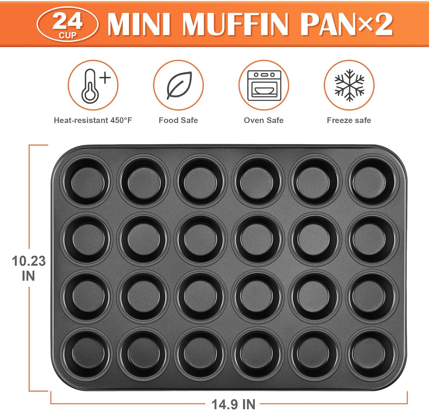 E-far 2 Pack Mini Muffin Pan - Nonstick 24-Cup Carbon Steel Cupcake Tin Tray for Little Bites & Freezer Prep | Warp-Free Bakeware Ensures Even Baking & Effortless Release, Regular Size & Oven Safe