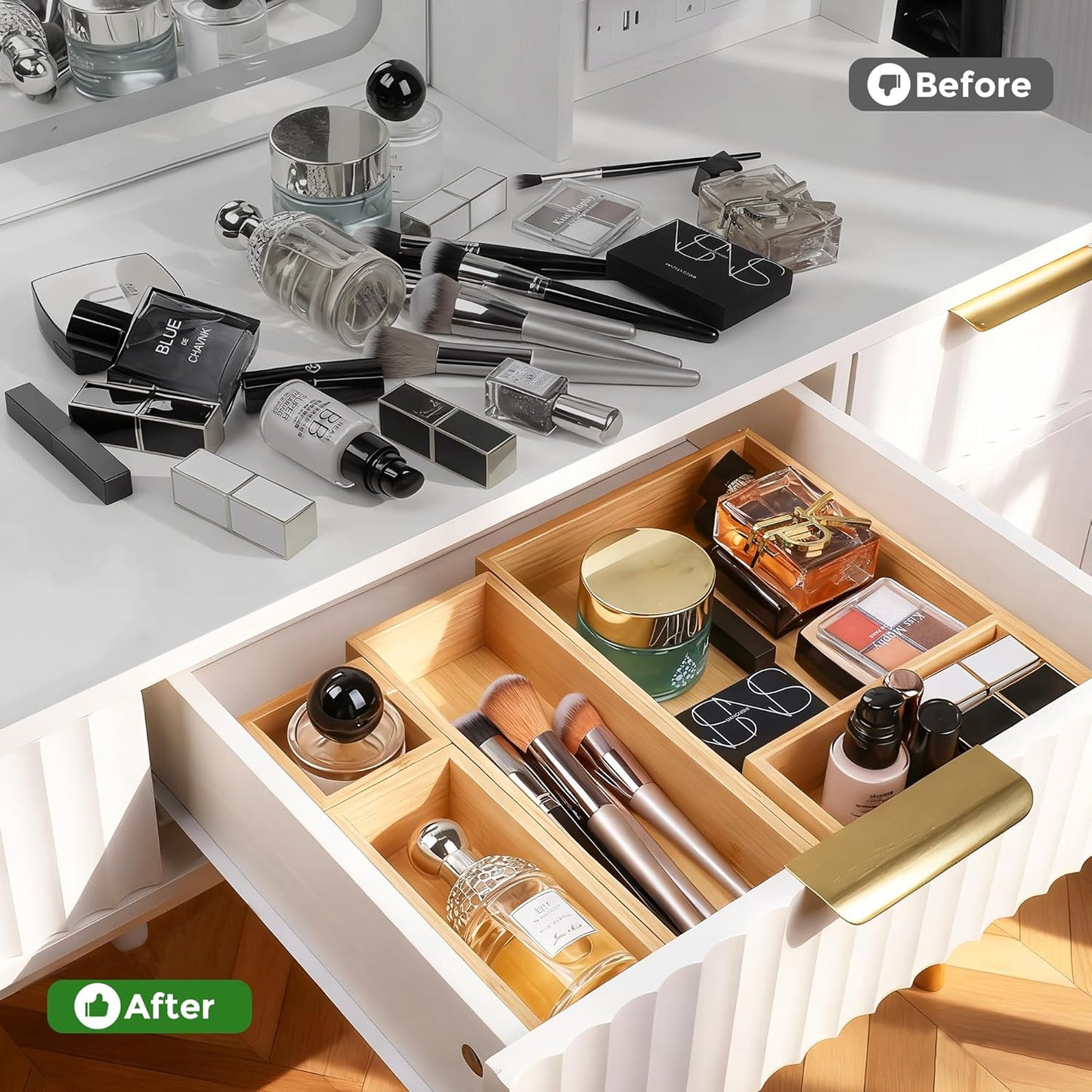 Bamboo Drawer Organizer Set, 14 PCS Multi-Use Individual Wood Storage Organizers, Junk Drawer Divider and Storage Trays Containers for Kitchen, Bathroom, Office Desk, Makeup, Jewelry, Utensils