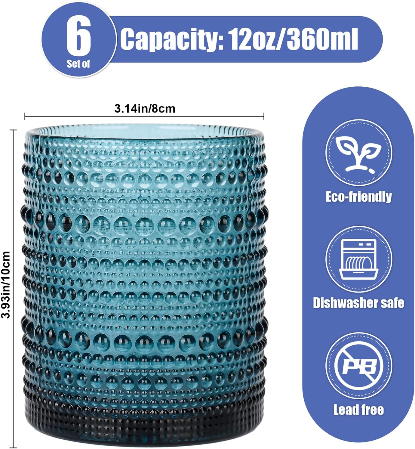 Vintage Glassware Drinking Glasses Set of 6,12 oz Hobnail Glass Cups,Embossed Blue Water Tumbler,for Beer,Cocktail,Whiskey,Juice and Various Mixed Drinks- 1 Cleaning Brush