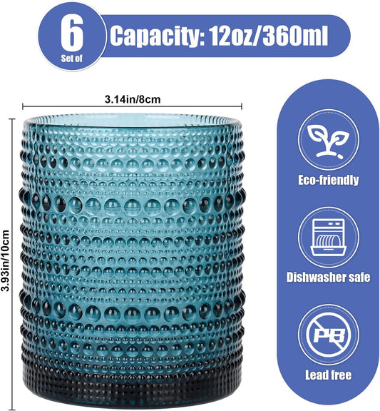 Vintage Glassware Drinking Glasses Set of 6,12 oz Hobnail Glass Cups,Embossed Blue Water Tumbler,for Beer,Cocktail,Whiskey,Juice and Various Mixed Drinks- 1 Cleaning Brush