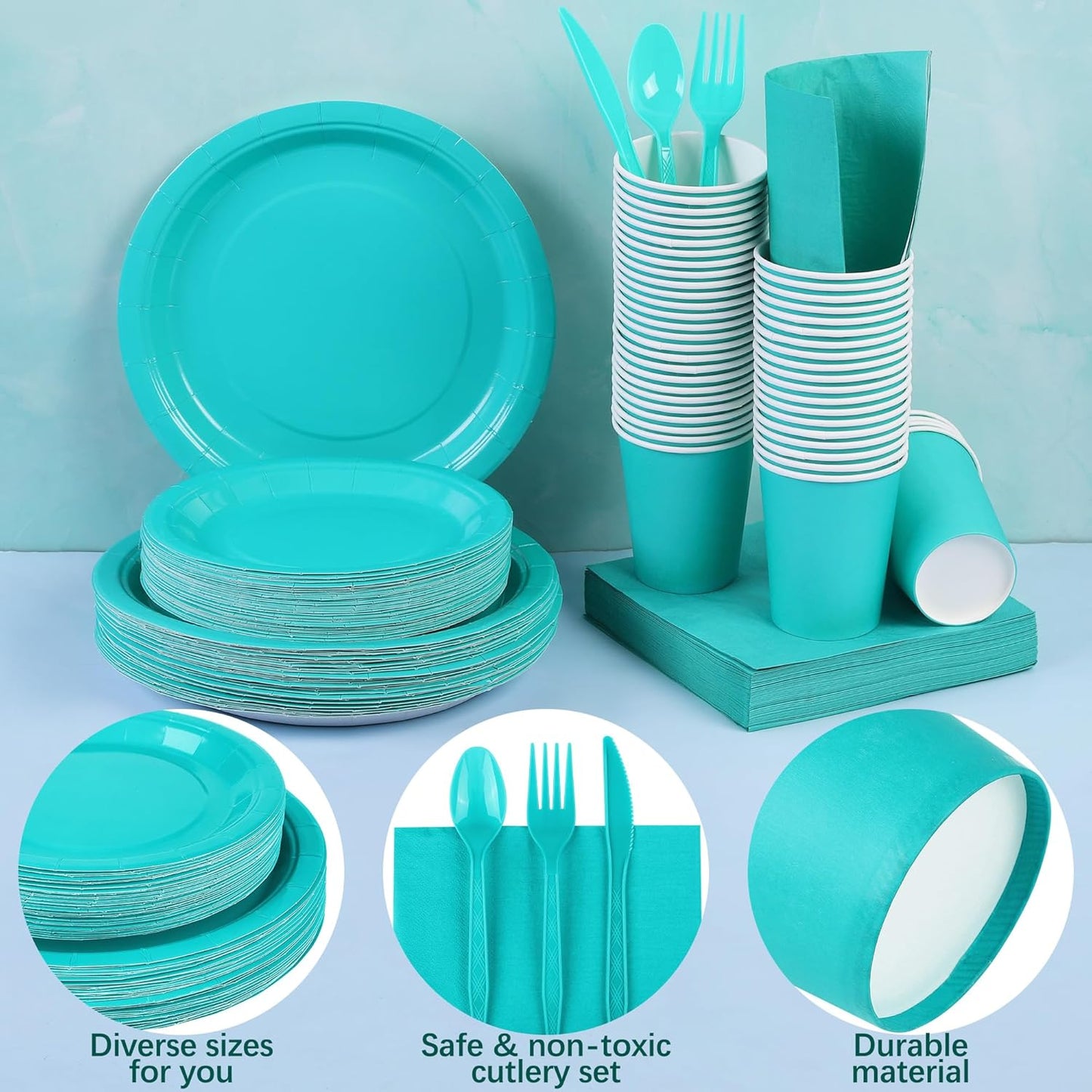 durony 350 Pieces Teal Blue Party Supplies Teal Blue Dinnerware Set Paper Plates Cup Napkins Serve 50 Guests for Birthday Wedding Baby Shower Party Family Picnic