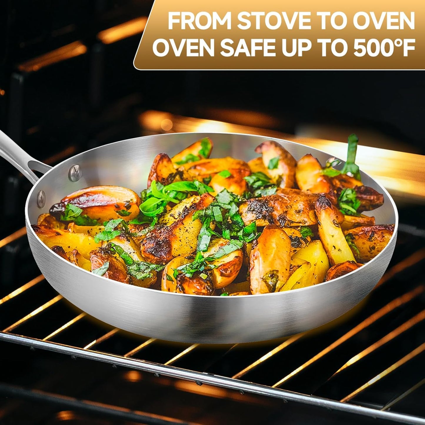 Inqibee 10 Inch Tri-Ply Stainless Steel Frying Pan,Skillet,Stir-Fry Induction Cooking Pan,Dishwasher and Oven Safe,Riveted Handle