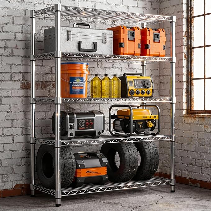 MZG 1750 lbs 5 Tier Storage Rack Metal Wire Shelving Unit, Storage Standing Household Shelf Organizer for Kitchen Pantry Closet Garage Basement Utility Room, Chrome 15.7" D x 45.3" W x 70.4" H