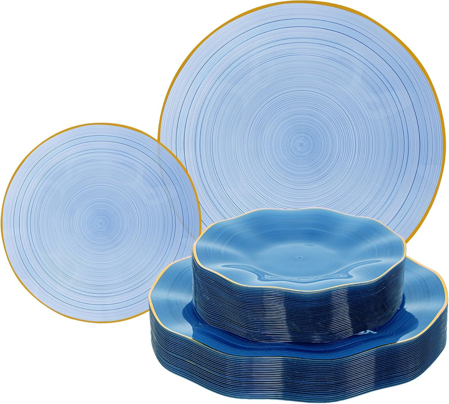 120PCS Blue Plastic Plates with Gold Rim, Heavy Duty Disposable Plates, Elegant and Fancy 60 Dinner and 60 Dessert Plates for Party and Wedding