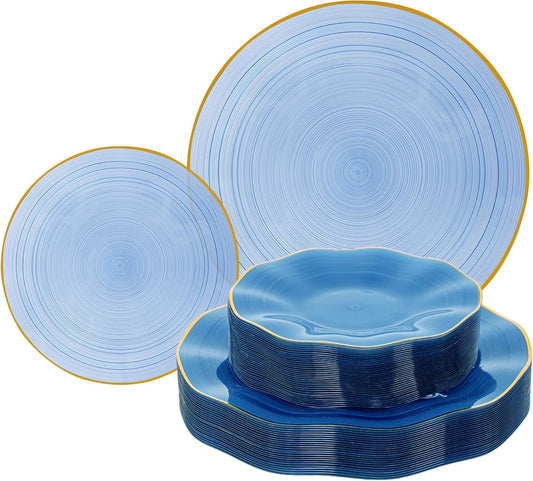 120PCS Blue Plastic Plates with Gold Rim, Heavy Duty Disposable Plates, Elegant and Fancy 60 Dinner and 60 Dessert Plates for Party and Wedding