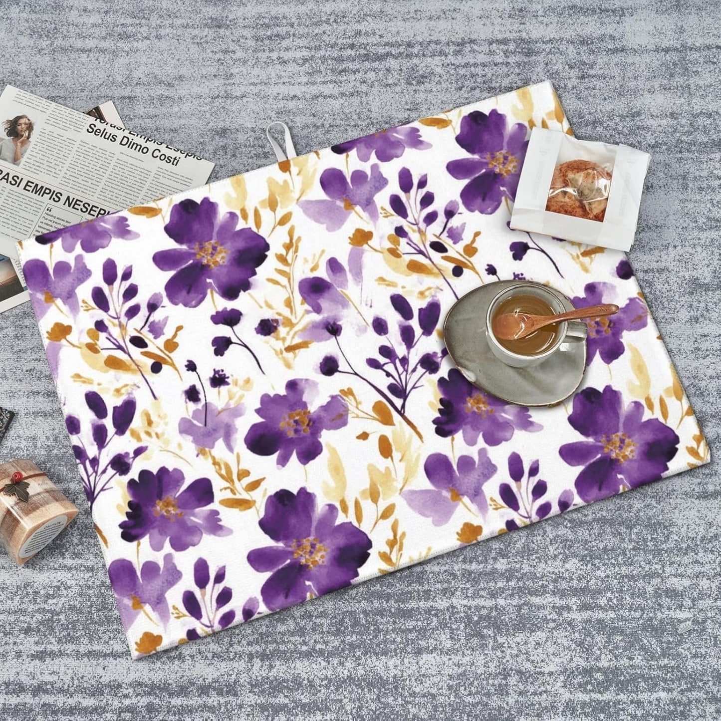 Purple Gold Floral Dish Drying Mats for Kitchen Counter & Sink, 18" x 24" Decorative Watercolor Flowers Dish Drainer Rack Mats, Absorbent Microfiber Drying Pad for Dishes, Gift for Women, Home Decor