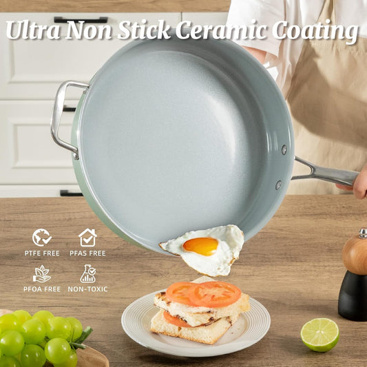 Nonstick Sauté Pan with Lid 5 QT Deep Frying Pan with Stainless Steel Helper Handle 12 inch Large Skillet Ceramic Jumbo Cooker for Healthy Cooking, Induction Compatible Cookware, PFOA Free