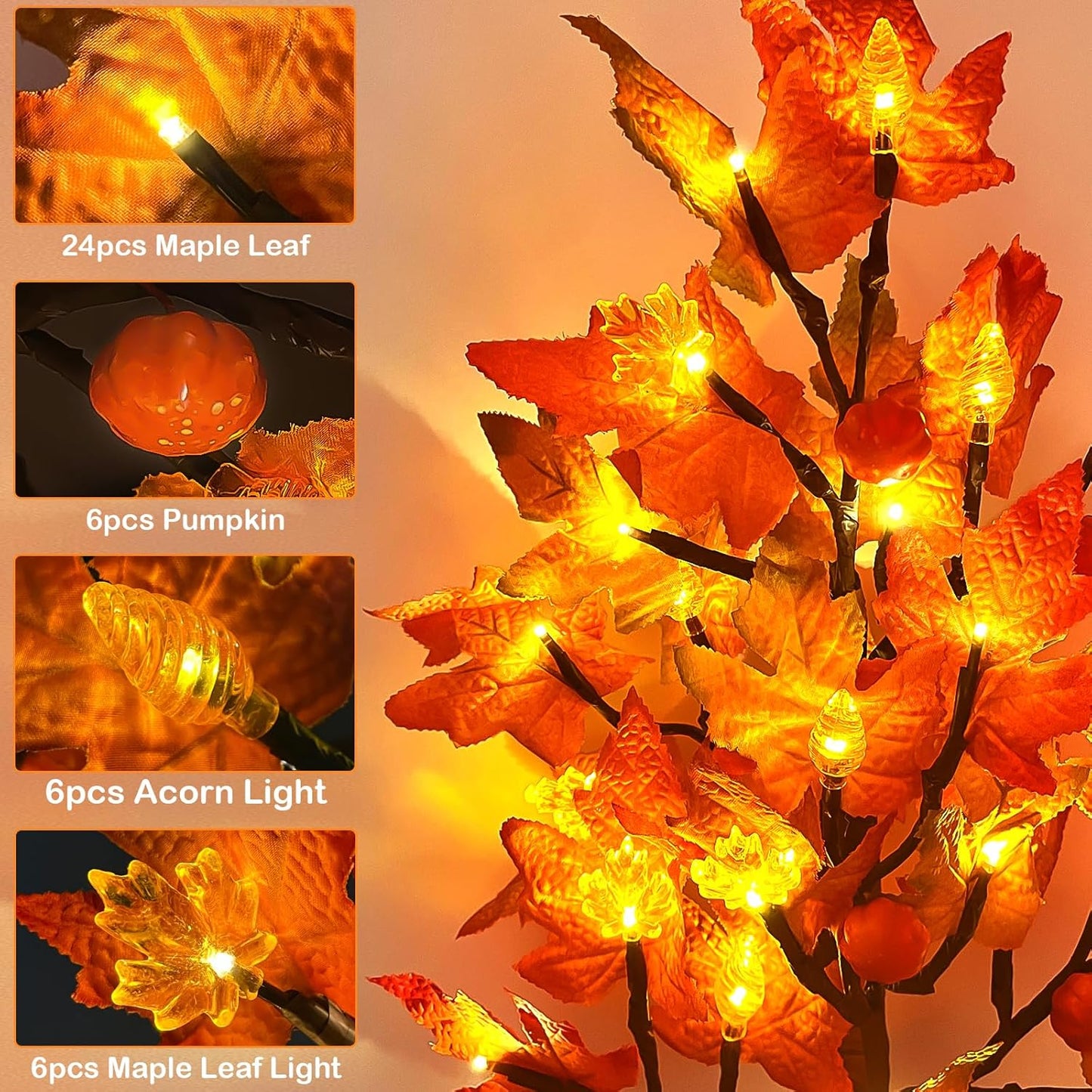 2 Pack 24 Inch Prelit Fall Maple Tree Decorations with 48 LEDs Timer Fall Battery Operated Light Up Artificial Pumpkin Acorn Lighted Maple Tree for Thanksgiving Harvest Table Home Indoor Decor