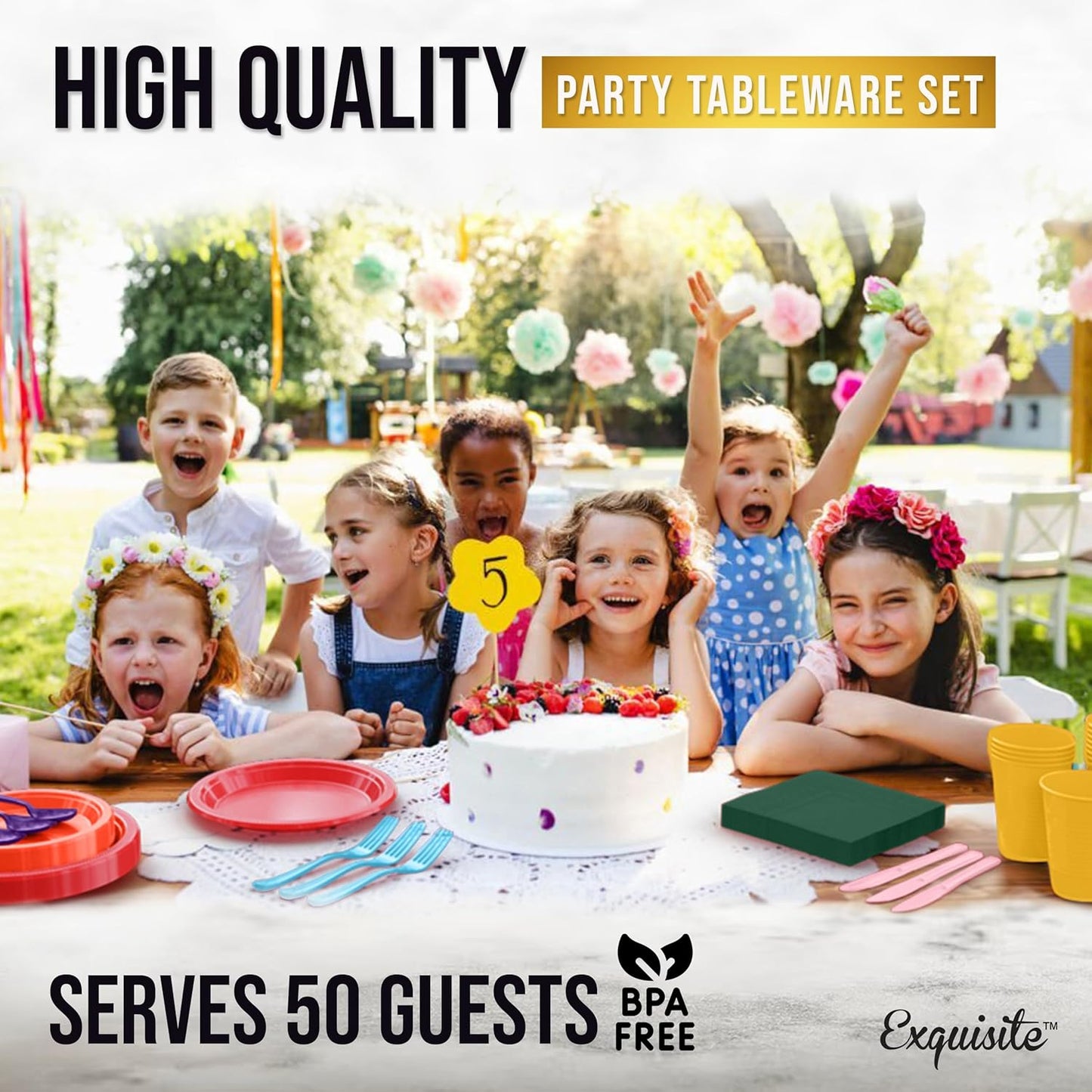 Party Solids 350 Pieces Rainbow Plastic Plates For Party, Rainbow Disposable Plates Set, 50 Of Each 9" Dinner Plate Set, 7" Dessert Plate, Cups, Napkins & Cutlery Plastic Dinnerware