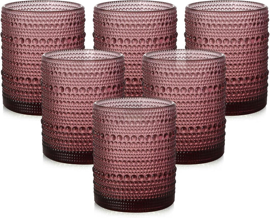 Vintage Glassware Drinking Glasses Set of 6,12 oz Hobnail Glass Cups,Embossed Purple Water Tumbler,for Beer,Cocktail,Whiskey,Juice and Various Mixed Drinks- 1 Cleaning Brush