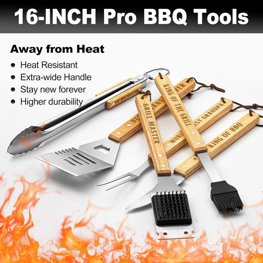 Grandpa Gifts from Grandkids, Grilling Gift Heavy Duty Wooden BBQ Grilling Accessories Kit, Thick Stainless Steel Grill Utensils with Non-Slip Handle Tools in Portable Bag on Christmas