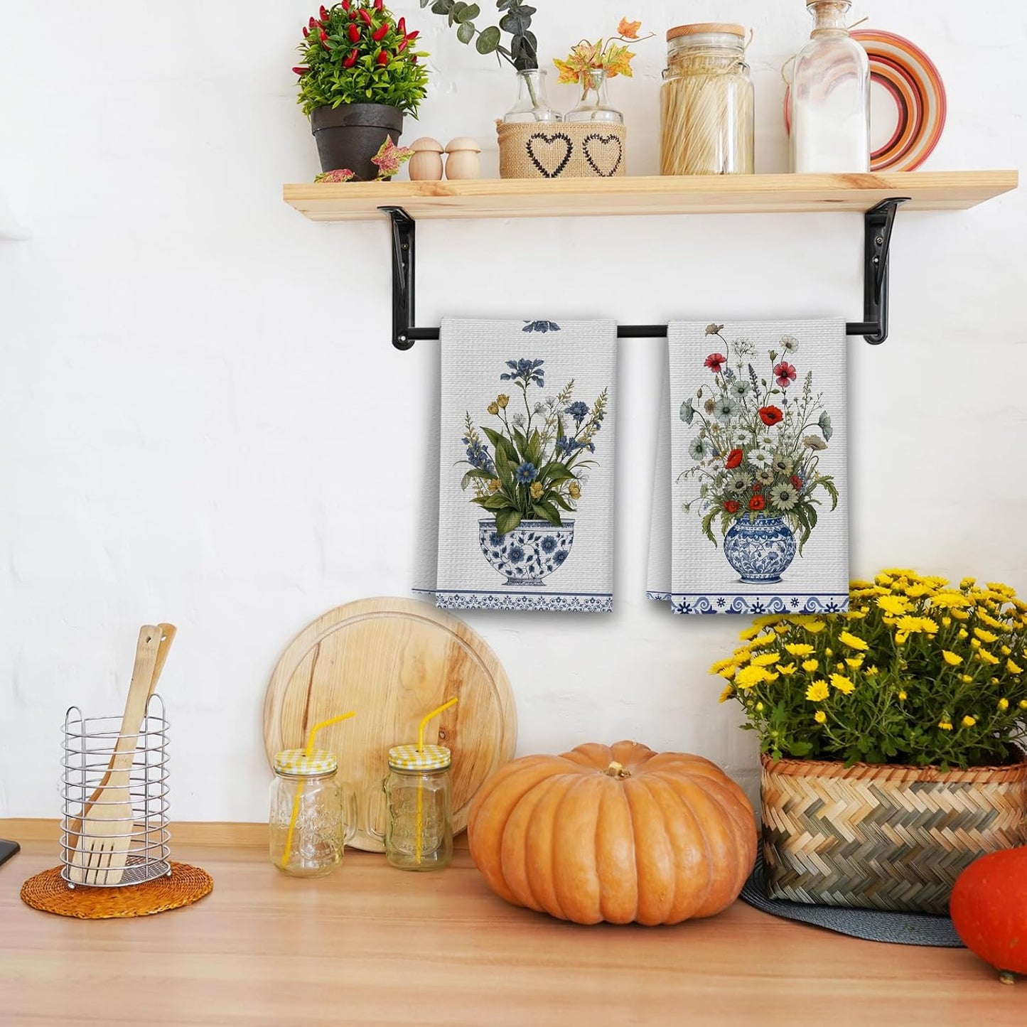 Colorful Flowers Kitchen Towels, Porcelain House Hand Towel Set of 2, Chinoiserie Gifts for Home Bathroom Holiday Decor - A09