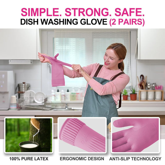Mamison 2 Pairs Reusable Waterproof Household Dishwashing Cleaning Rubber Gloves, Non-Slip Kitchen Glove (Pink, Large (Pack of 2))