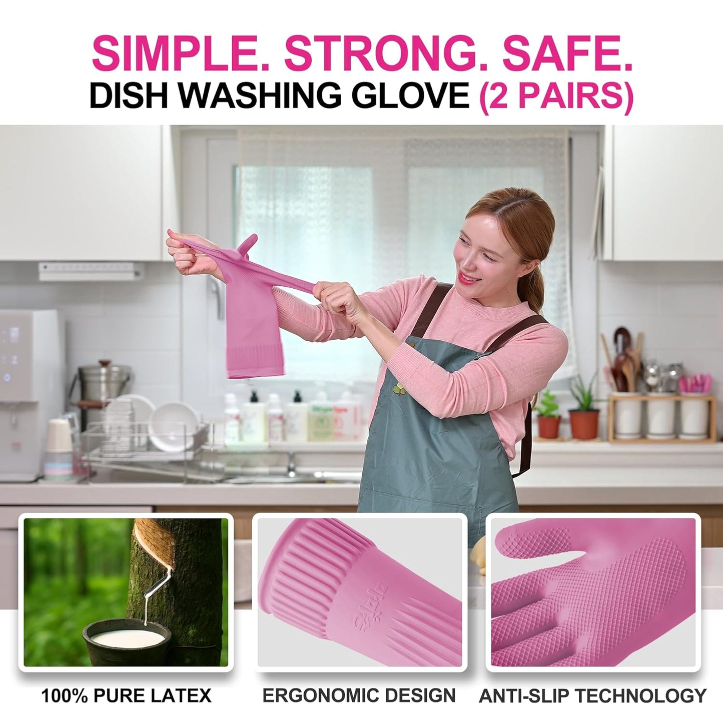 Mamison 2 Pairs Reusable Waterproof Household Dishwashing Cleaning Rubber Gloves, Non-Slip Kitchen Glove (Pink, XXL (Pack of 2))