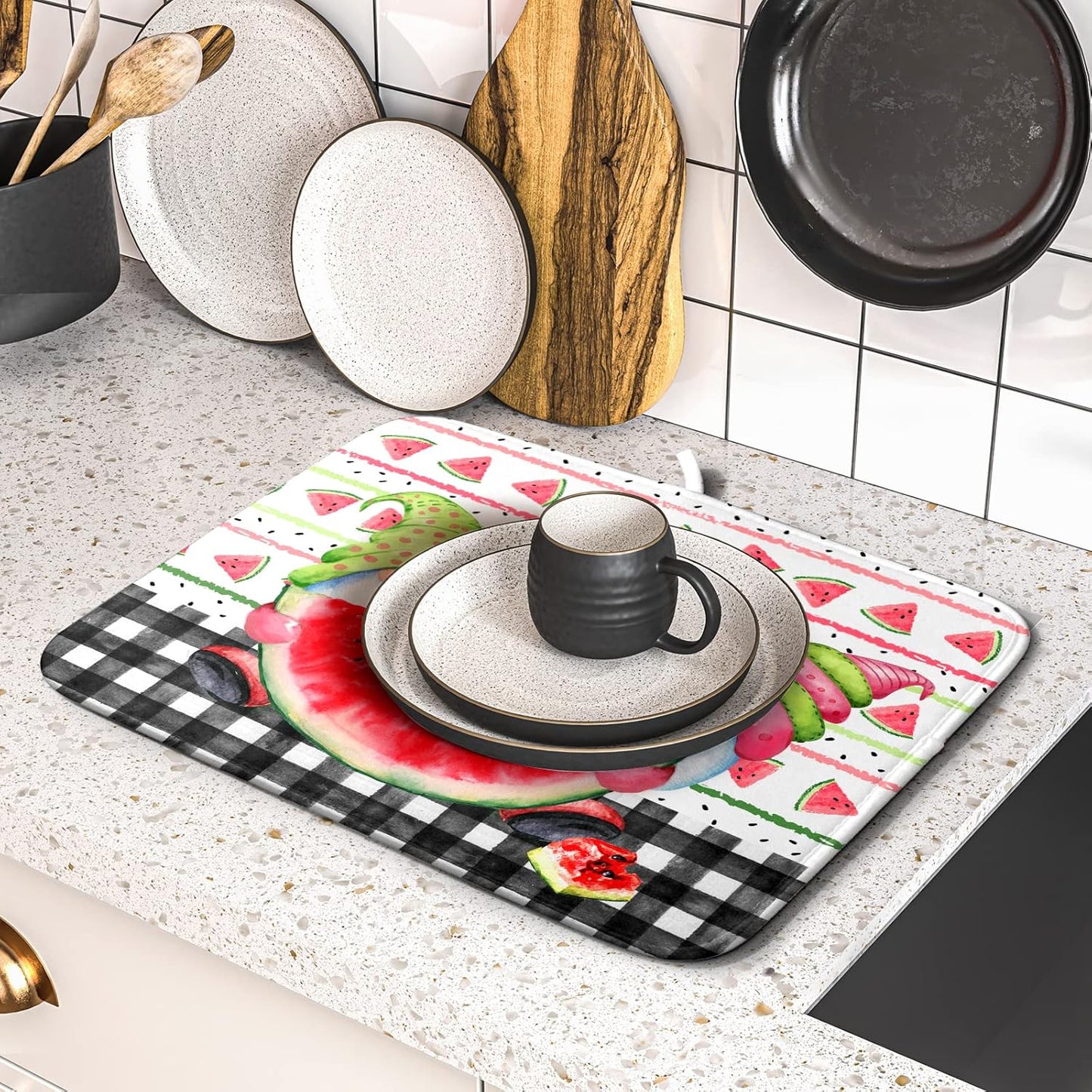 Kawani Gnomes Watermelon Dish Drying Mat for Kitchen Counter, Summer Watercolor Fruit Buffalo Check Quick Dry Absorbent Dishes Draining Mats Reversible Drainer Rack Pad 16 x 18