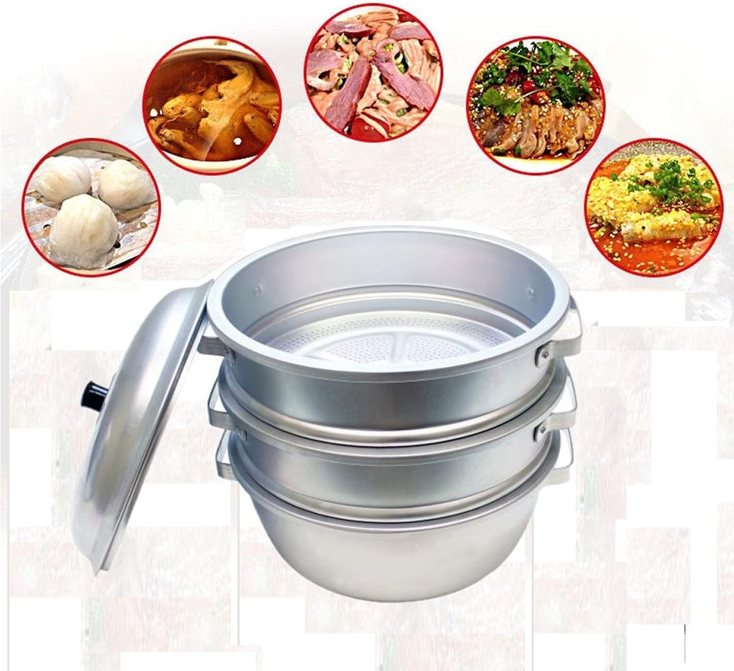 TrueCraftware- 11 3/8" x 12 1/2" Aluminum 3 Tier Steamer Set 1/8” hole size- Steamer for Cooking Pot Food Steam Pots with Lid for Cooking Vegetables Seafood Soups Stews and Pasta