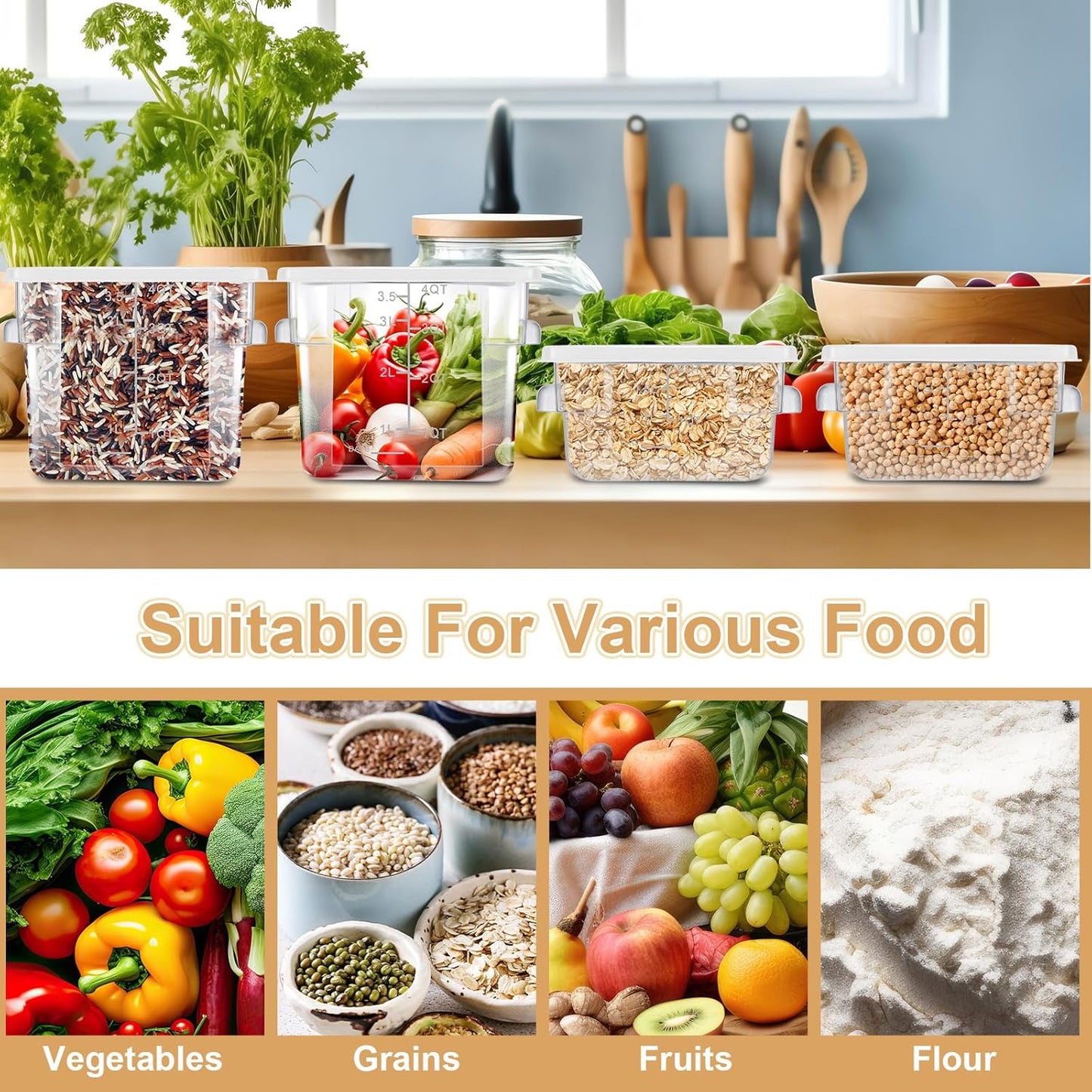 Barydat 4 Pcs Food Storage Container with Lids 2Qt and 4Qt Square Commercial Containers with Scales and Handles Polycarbonate Clear Food Storage for Kitchen Proof Dough Marinating Meat(White)