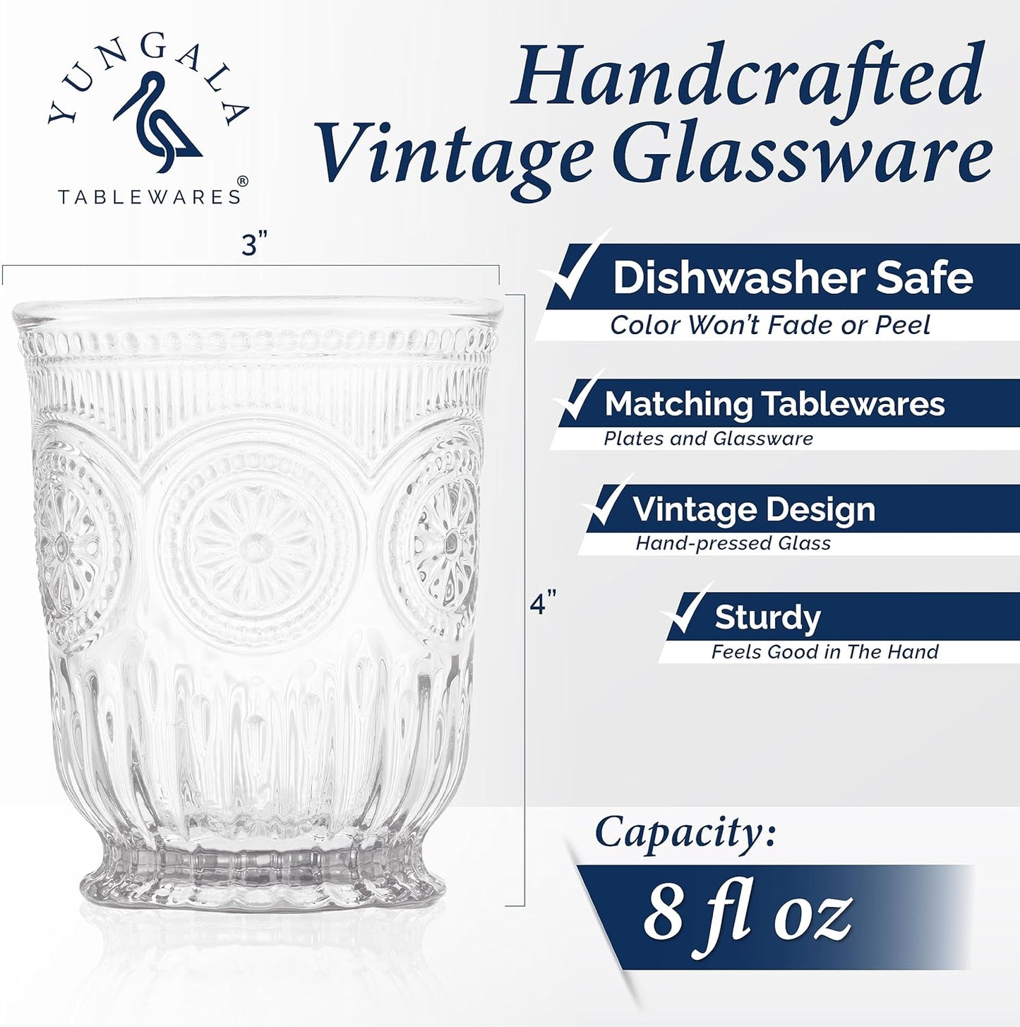 Clear Vintage Small Drinking Glasses set of 6 8oz glass cups with a unique footed design and pressed glass design