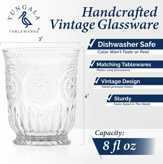 Clear Vintage Small Drinking Glasses set of 6 8oz glass cups with a unique footed design and pressed glass design