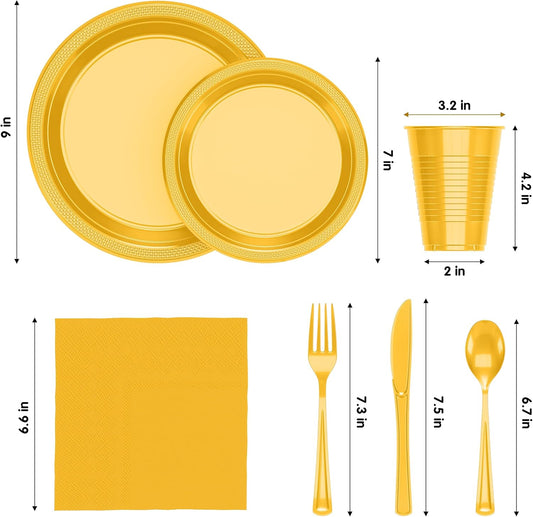 Party Solids 350 Pieces Yellow Plastic Plates For Party, Yellow Disposable Plates Set, 50 Of Each 9" Dinner Plate Set, 7" Dessert Plate, Cups, Napkins & Cutlery Plastic Dinnerware