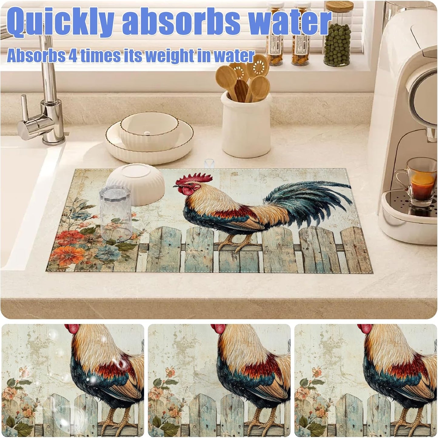 Vintage Rooster Dish Drying Mat for Kitchen Counter Farmhouse Drying Pad Absorbent Reversible Dish Drainer Rack Mats Draining Pad 18"x24"Inch