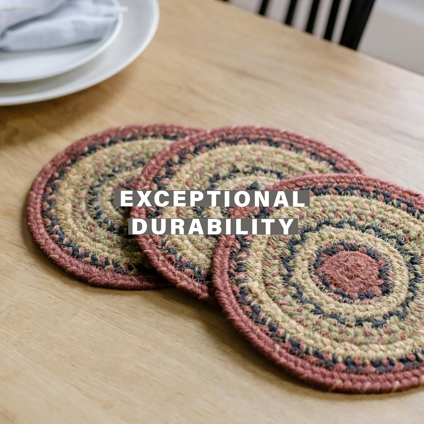 Homespice Highland Jute Braided Trivets for Table,Warm Country and Cabin Decor, Set of 3, Multicolor 8" Round Heat Resistant Mats - Rich Colors, Easy to Clean, Durable and Protects Furniture