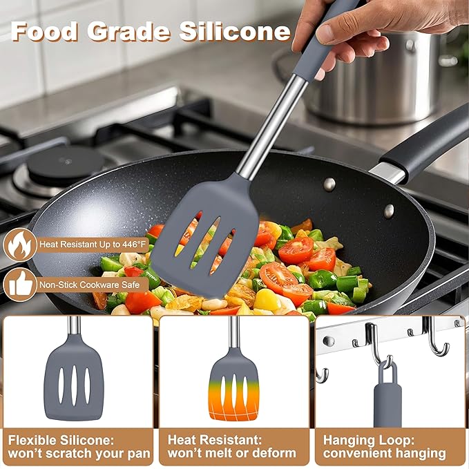 LIANYU Silicone Cooking Utensil Set, 6Pcs Heat Resistant Kitchen Utensils Set, Non-stick Stainless Steel Handle Spatula Tools, Dishwasher Safe, Grey
