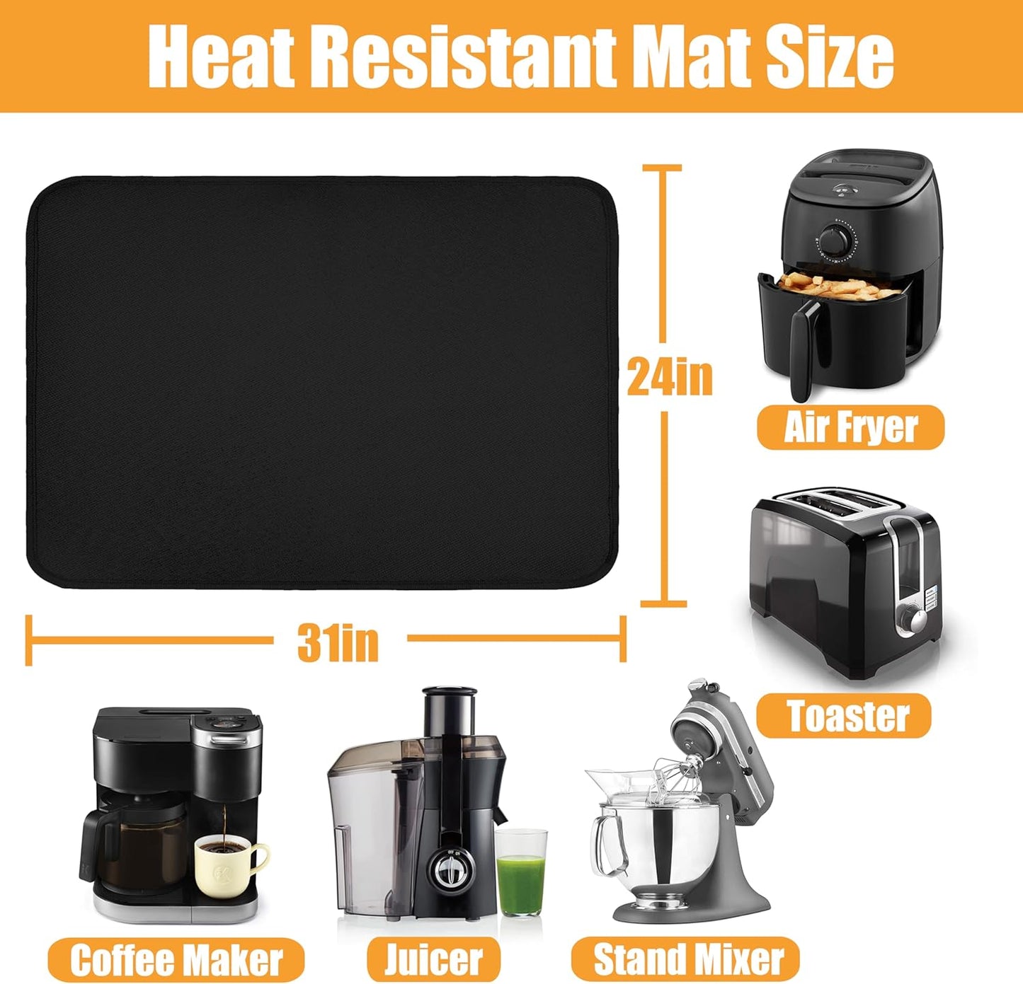 Air Fryer Mat for Air Fryer, 24 x 36in Heat Resistant Mat for Countertop, Fireproof Silicone Countertop Protector Appliance Slider Mat for Air Fryer, Coffee Maker, Toaster, Oven (Black)