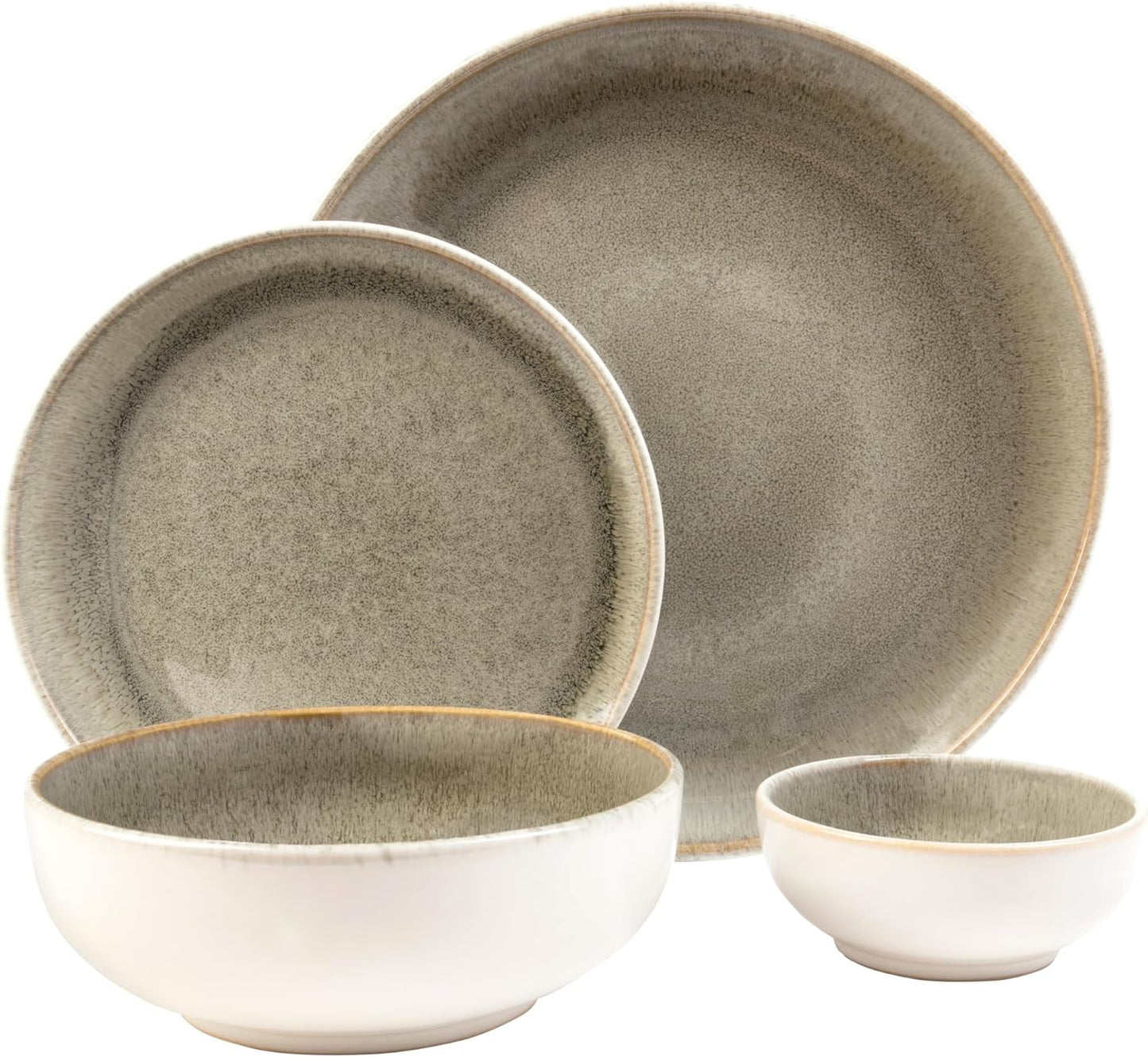 Sango 16-Piece Stoneware Dinnerware Set for 4, Glossy Cream/Green Plates and Bowls Sets with Reactive Glaze, Ceramic Dish Set, Modern Dishes for Everyday Use, Microwave & Dishwasher Safe, Resona Moss