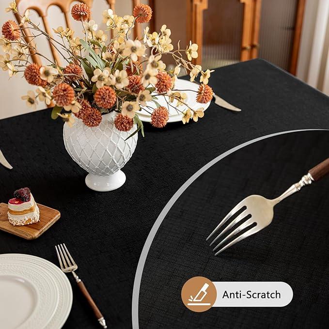 Fabric Black Rectangle Table Cloth, Faux Linen Textured Stain Resistant & Wipeable Rectangular Tablecloth, Easy Clean for Dinning Banquet Party, 60 x 120 Inch