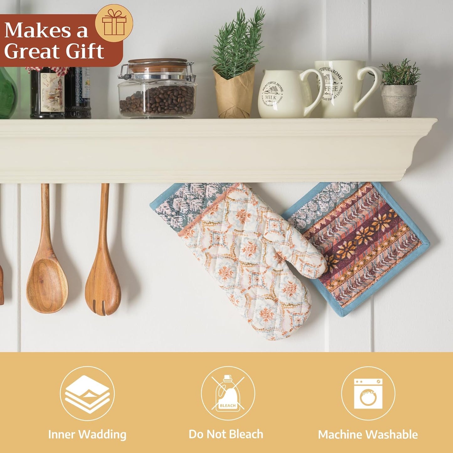 Maison d' Hermine 100% Cotton Oven Mitt & Pot Holder Set (7.5"x13" & 8"x8") Heat Resistant BBQ Cooking Gloves with Loop for Thanksgiving Christmas Decorations Handling Hot Pans (Fair Isle)