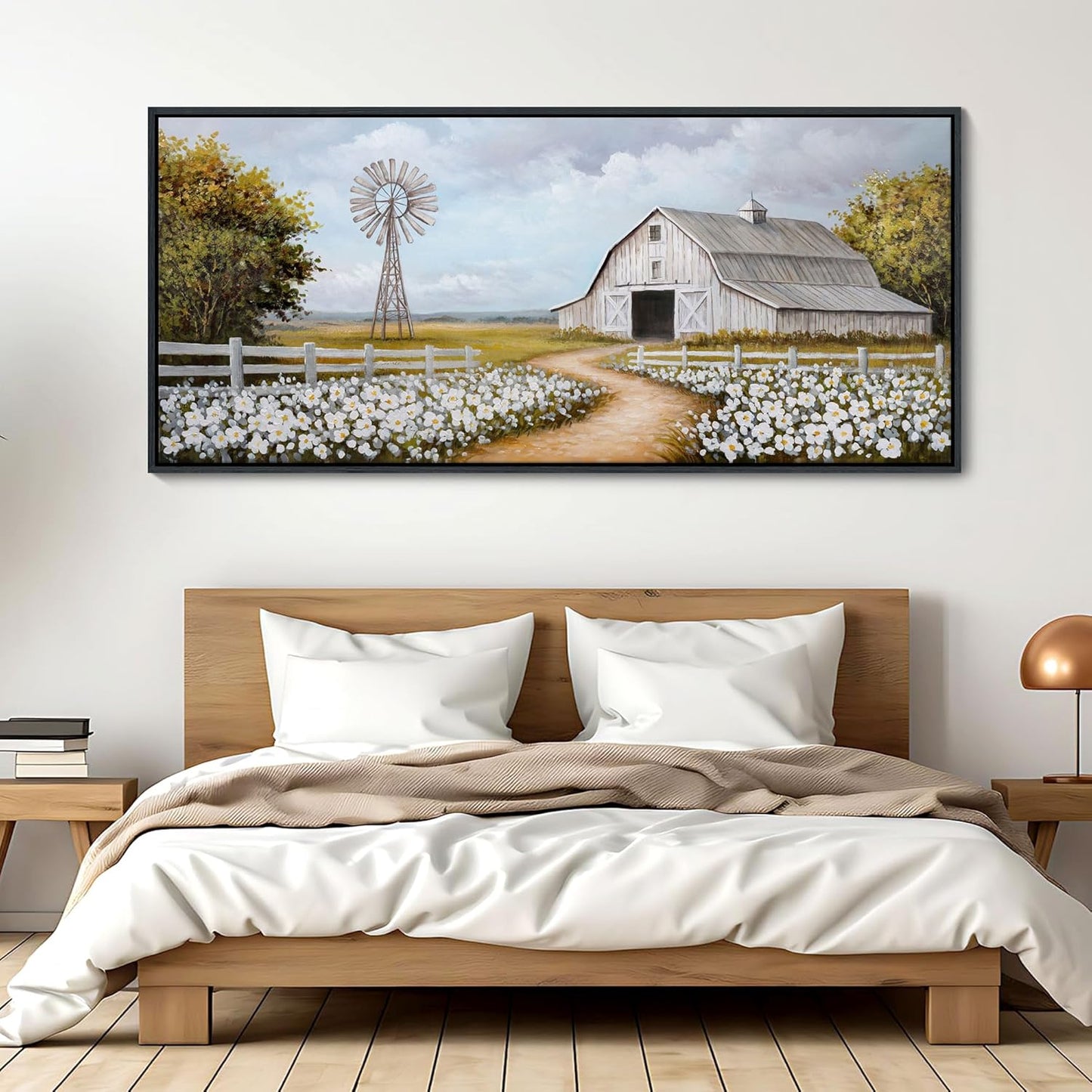 YCPRIMER Extra Large Farmhouse Wall Art Vintage Classical Painting Rustic Countryside Wildflower Field Nature Meadow Landscape Yellow Wall Decor Retro Windmill Barn Canvas Print Wilderness Artwork for Bedroom Living Room 70x31inchs