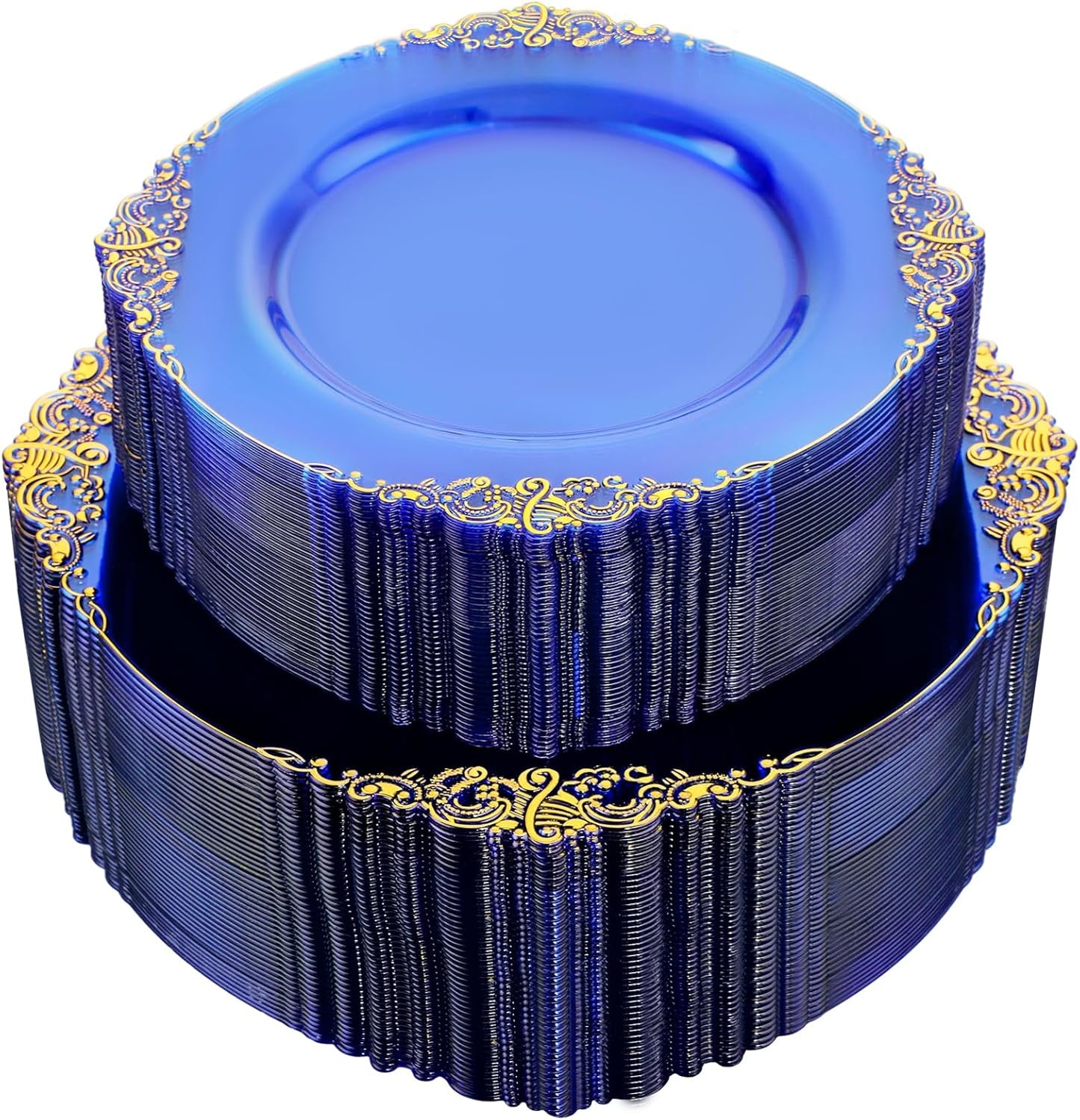 102PCS Blue Plastic Plates - Royal Gold Disposable Plates - Clear Blue Party Plate - Heavyweight Disposable Plate with Gold Rim - Fancy Dinner & Dessert Plates for 51 Guests Party Wedding