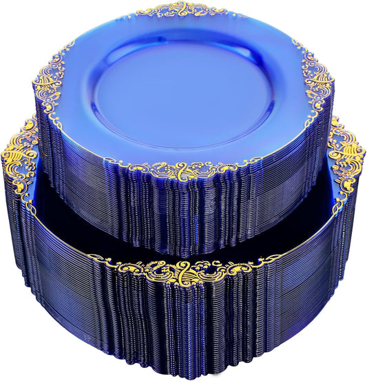 102PCS Blue Plastic Plates - Royal Gold Disposable Plates - Clear Blue Party Plate - Heavyweight Disposable Plate with Gold Rim - Fancy Dinner & Dessert Plates for 51 Guests Party Wedding