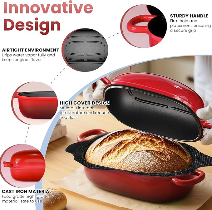 Cast Iron Dutch Bread Oven - 2.5QT Dutch Oven for Sourdough Bread Baking, Cast Iron Bread Loaf Pan with Perforated Non-Stick Silicone Liner, Blue Oval Bread Baking Pan, Gift for Family & Baker,Red